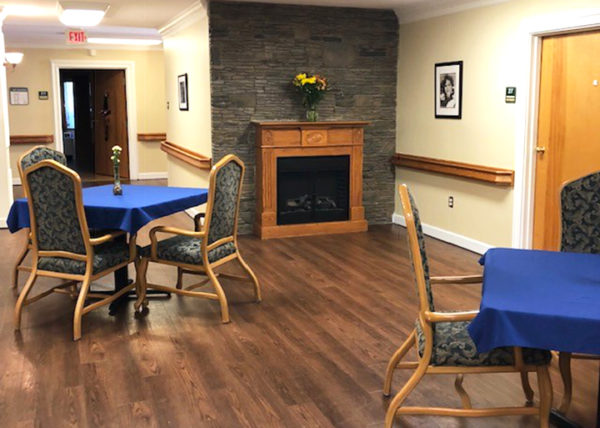 Lobby with fireplace